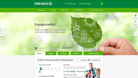 Ein Screenshot der DREWAG-Website mit einem Produktfinder.