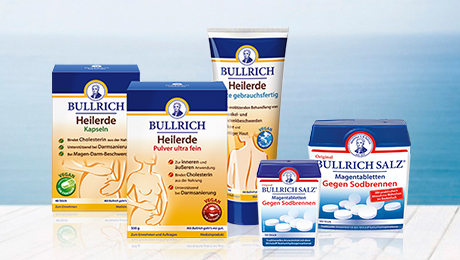 Fünf Produkte der Firma Bullrich, darunter Heilerde und Salz