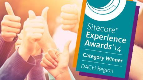 Grafik des Sitecore Experience Awards 2014 mit Händen, welche eine Daumen nach oben - Geste zeigen