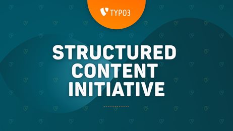 Grafik mit dem TYPO 3 Logo und der Aufschrift: TYPO3 Sturctured Content Initiative. Rechts im Bild sitzt eine Frau vor einem Computerbildschirm, auf dem Content Elemente abgebildet sind. 