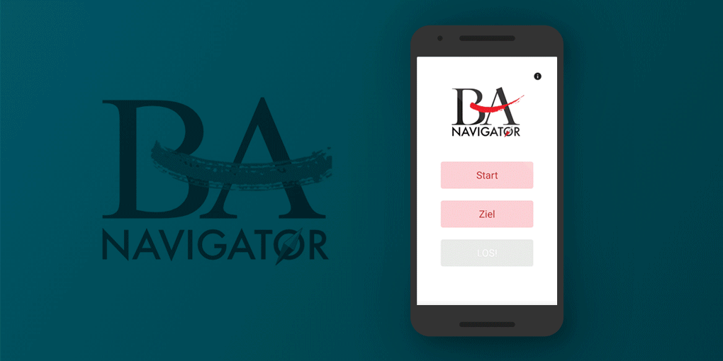 Auf einem Smartphone wird die AR APP "BA-Navigator" gezeigt.