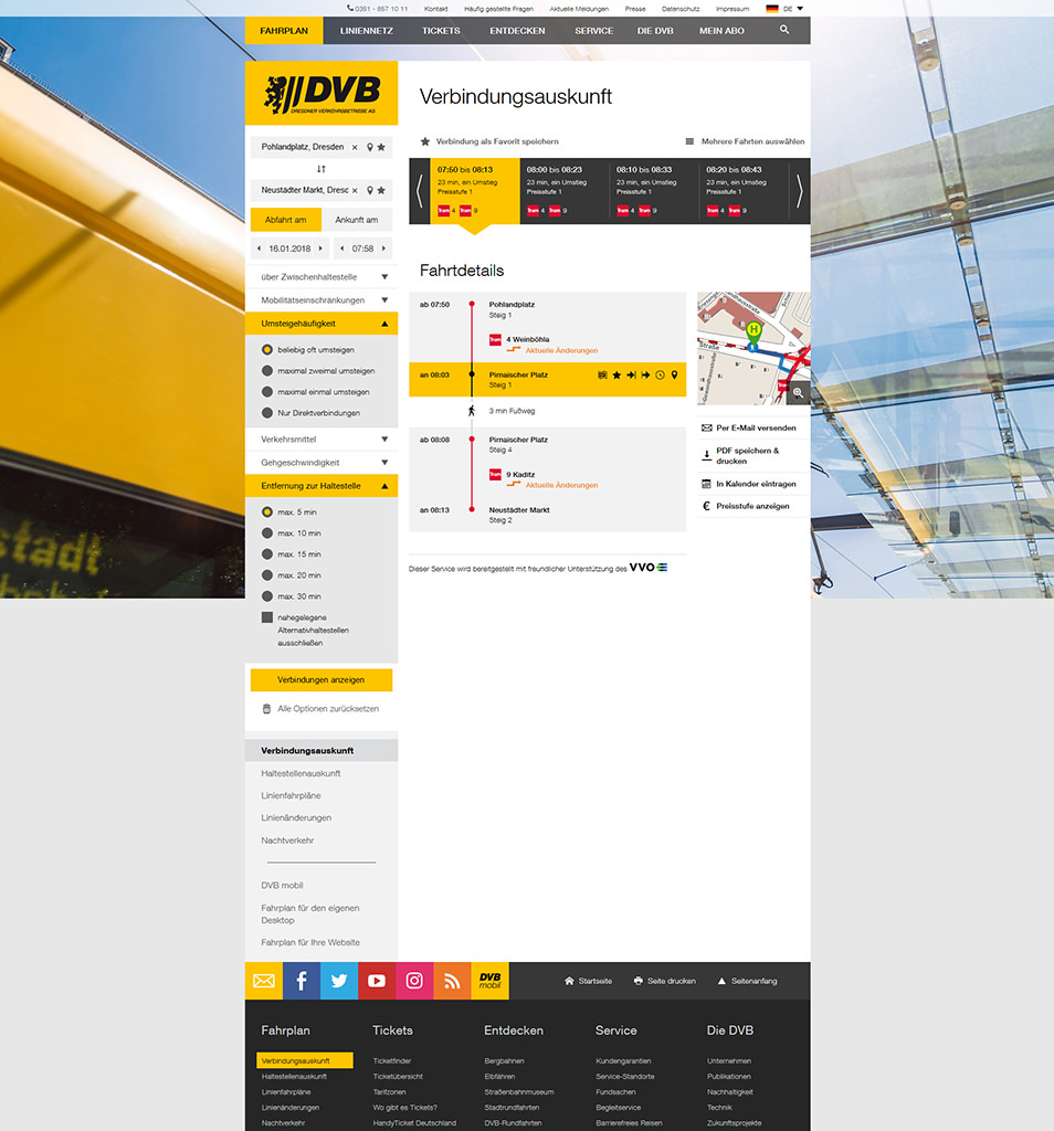Screenshot der Verbindungsauskunft der neuen DVB Website