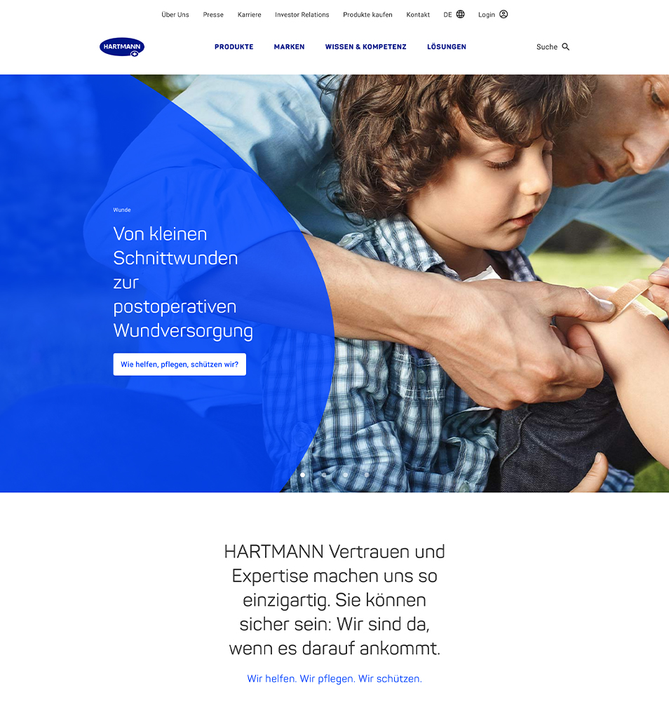 Screenshot der Startseite der deutschen Länderversion der HARTMANN Website.