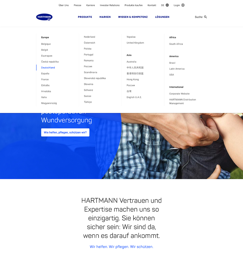 Screenshot der Startseite der deutschen Länderversion der HARTMANN Website mit ausgeklappter Navigation.