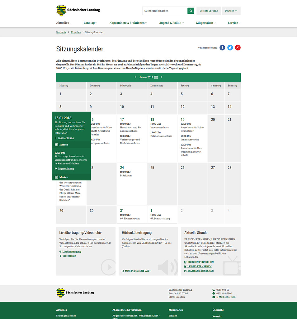 Screenshot der neuen Website des Sächsischen Landtags