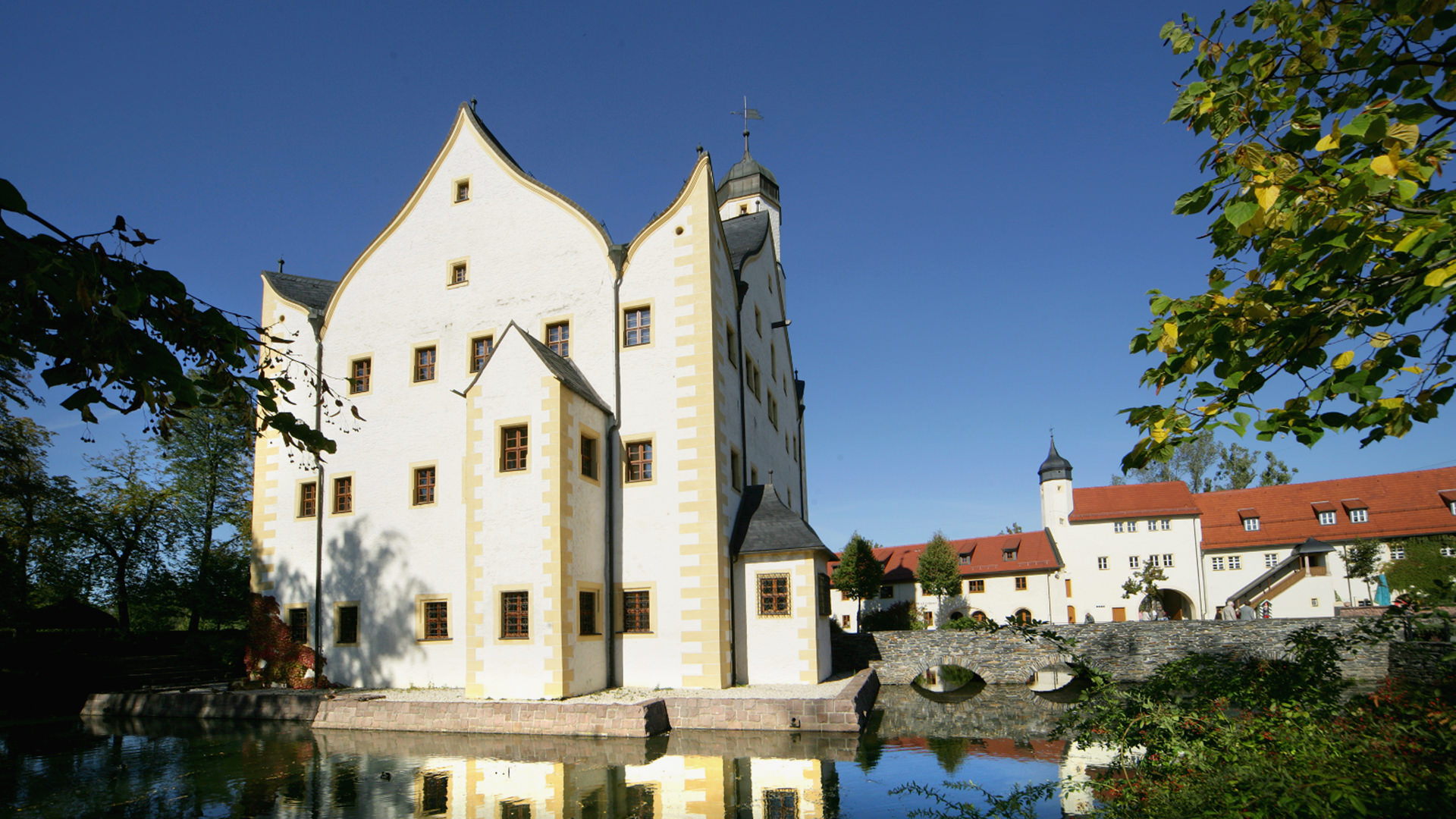 Renaissancewasserschloss Klaffenbach mit weißer Fassade und geschwungenem Giebel
