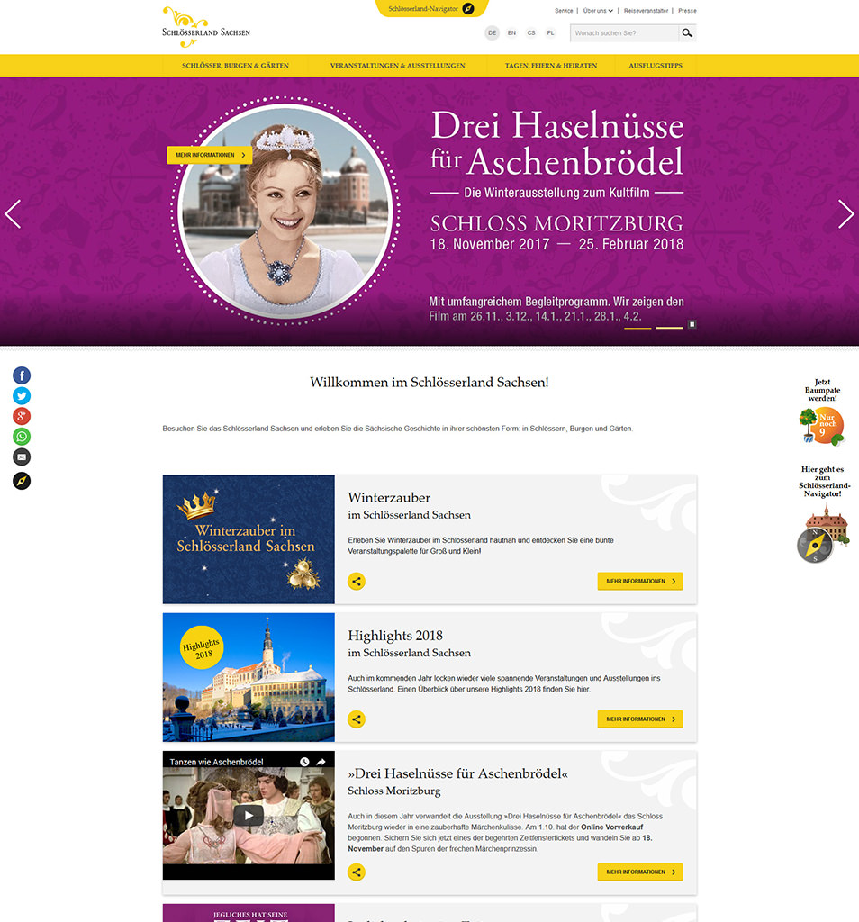 Screenshot der Website des Schlösserlands Sachsen