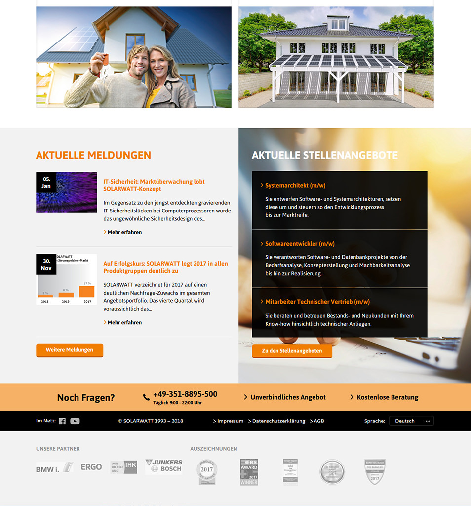 Screenshot der neuen Website von Solarwatt