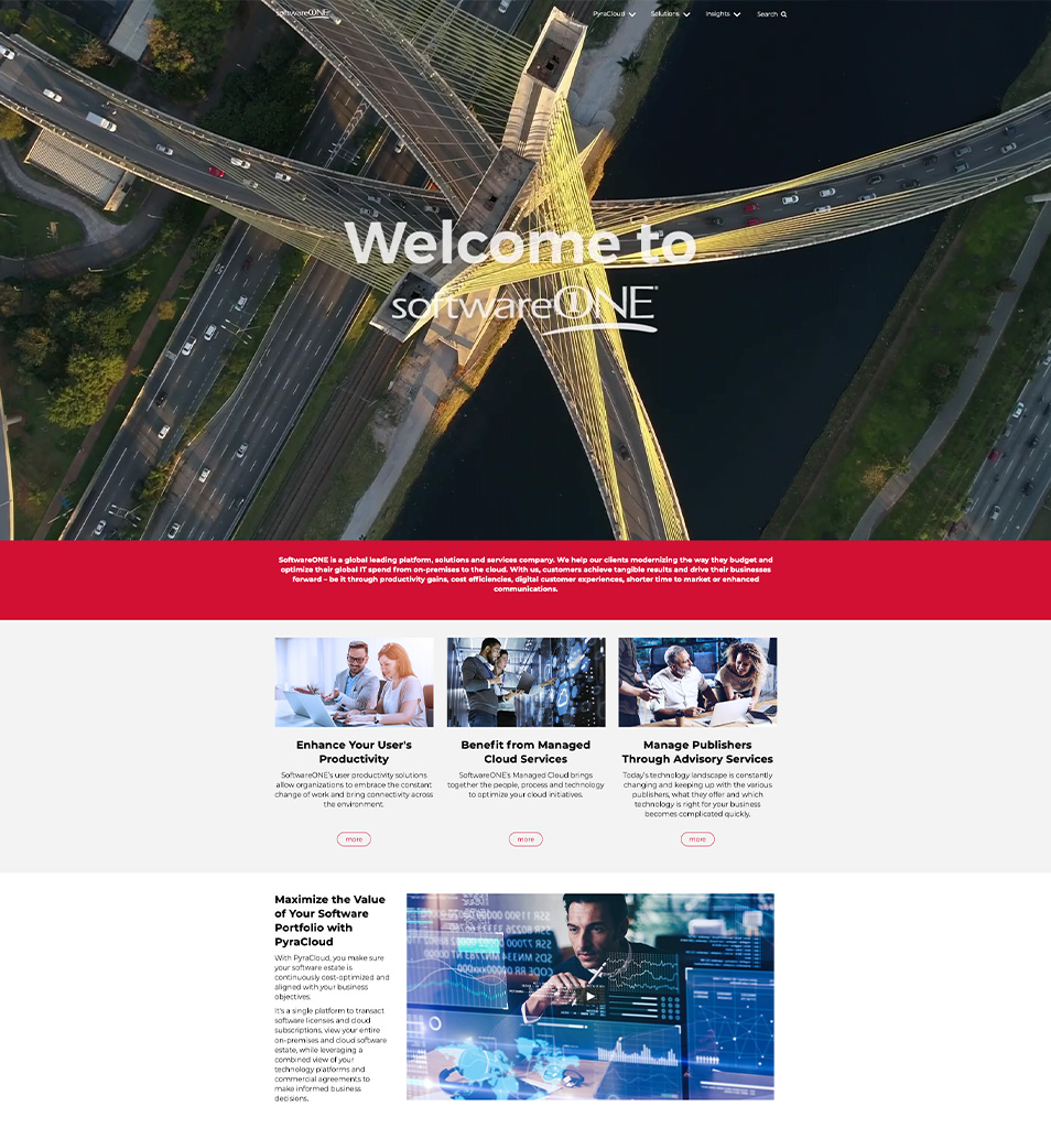 Screenshot der Startseite der globalen Website von SoftwareOne.