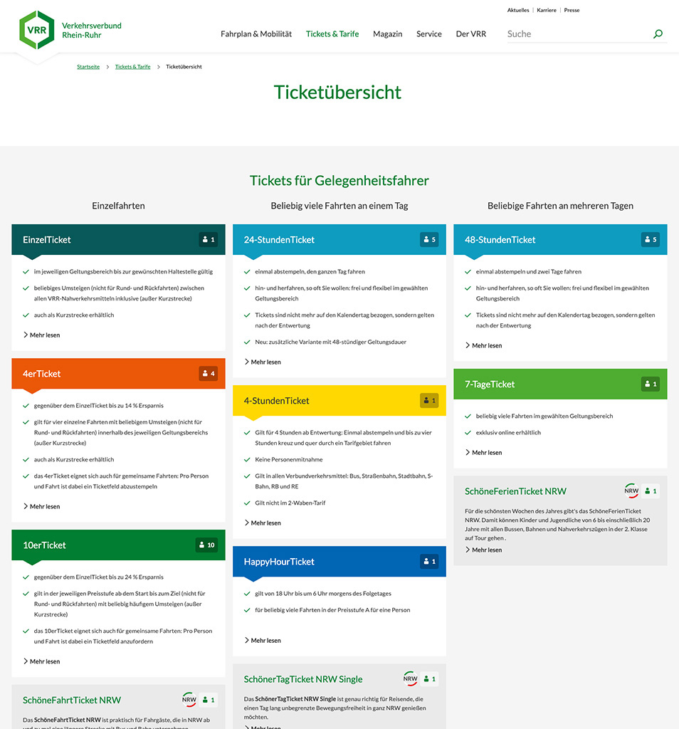 Screenshot der Detailseite "Ticketübersicht" der Website des Verkehrsverbundes Rhein-Ruhr.