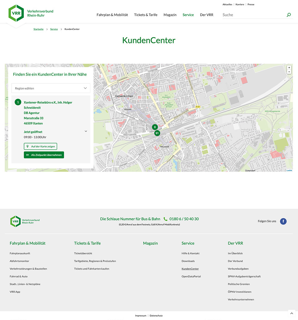 Screenshot der Detailseite "Kundencenter" der Website des Verkehrsverbundes Rhein-Ruhr.