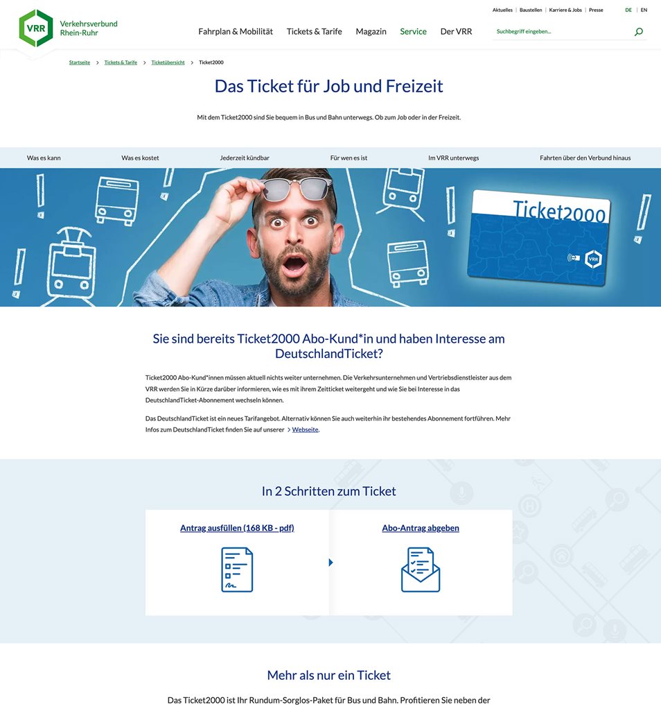 Screenshot der Detailseite "Kundencenter" der Website des Verkehrsverbundes Rhein-Ruhr.