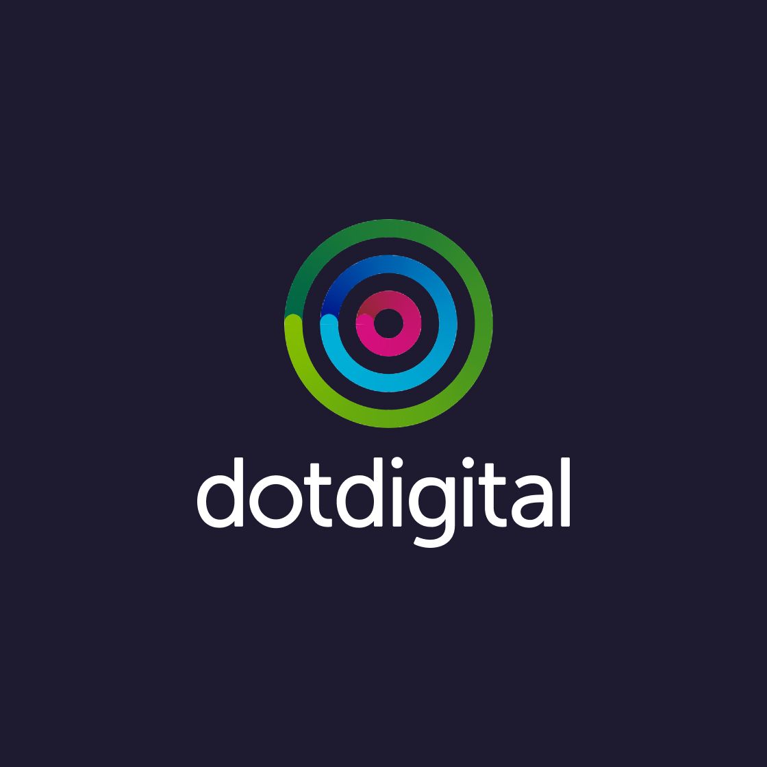 Dotdigital-Logo mit konzentrischen Kreisen in Grün, Blau und Pink auf dunklem Hintergrund.