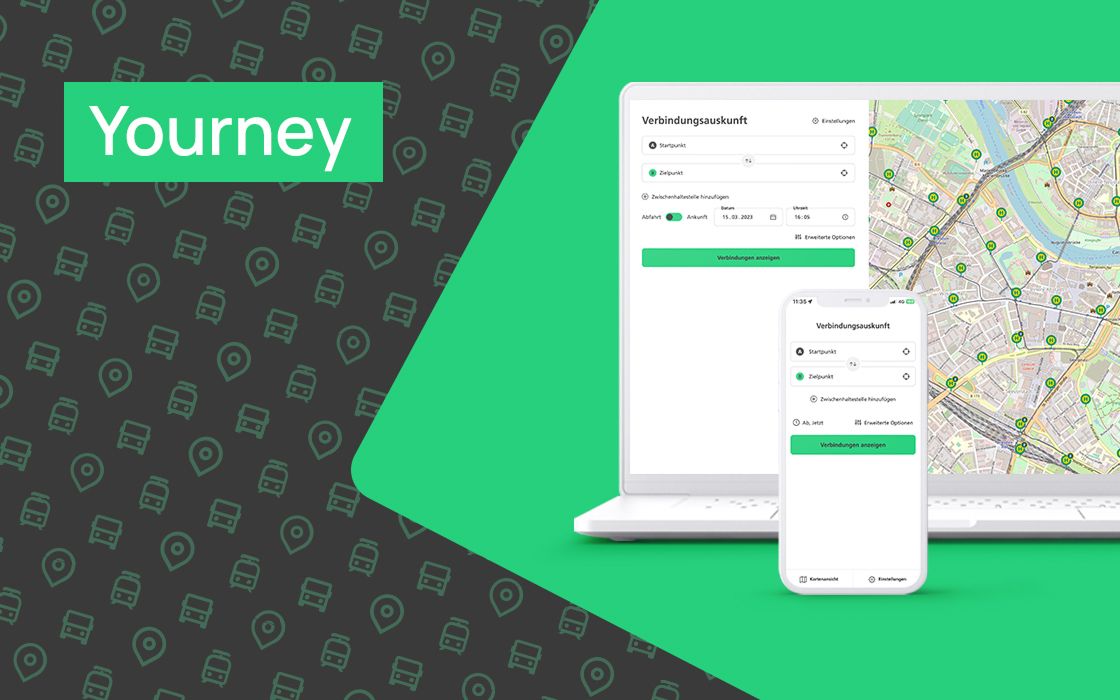 Ein Laptop und ein Smartphone zeigen die Mobilitäts-App „Yourney“. Beide Bildschirme zeigen eine Eingabemaske zur Verbindungsabfrage und eine Stadtkarte mit markierten Haltestellen. Links ist das Yourney-Logo auf grünem Hintergrund zu sehen.
