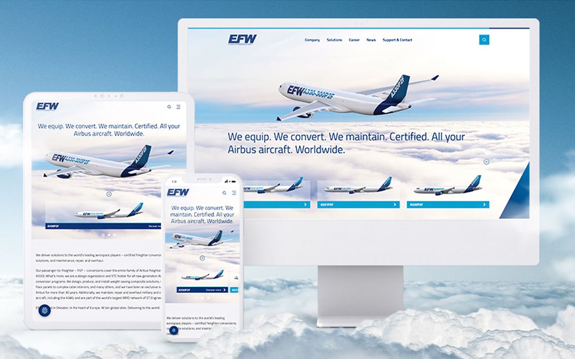 Tablet, Smartphone und Desktop zeigen die Website von EFW mit einem Airbus-Frachtflugzeug über den Wolken und dem Slogan: „We equip. We convert. We maintain. Certified. All your Airbus aircraft. Worldwide.“