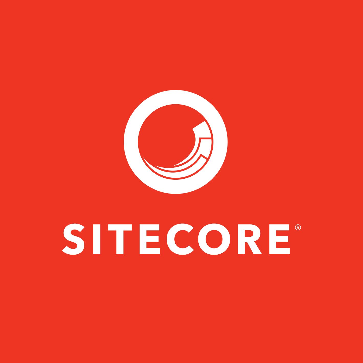 Roter Hintergrund mit einem weißen, kreisförmigen Logo, das einer Spirale ähnelt, über dem Wort „SITECORE“ in fetten weißen Buchstaben.