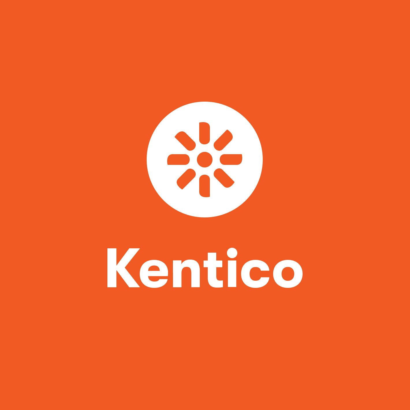 Oranger Hintergrund mit einem weißen, kreisförmigen Logo, das einer Sonnenstrahlenform ähnelt, über dem Wort „Kentico“ in fetten weißen Buchstaben.