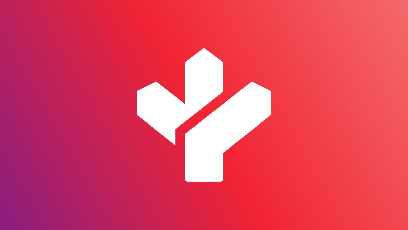 Weißes abstraktes Logo, das einem stilisierten „Y“ ähnelt, auf einem Farbverlauf-Hintergrund, der von Rot zu Lila übergeht.