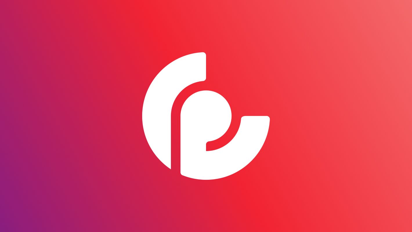 Ein weißes, abstraktes Logo auf einem Farbverlauf-Hintergrund, der von Rot zu Lila übergeht.