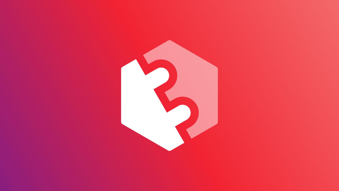 Ein weißes Puzzleteil-Symbol in einem roten Hexagon auf einem Farbverlauf-Hintergrund von Rot zu Lila.