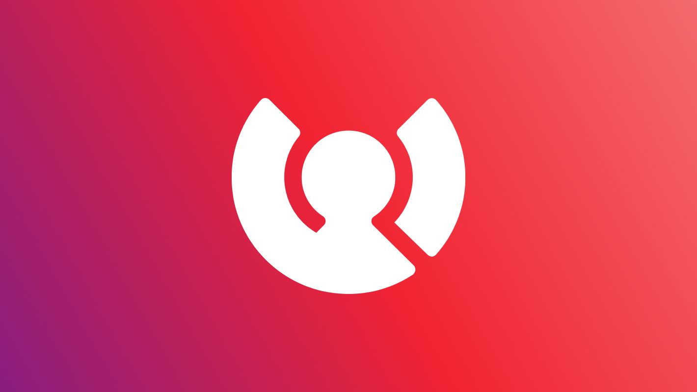 Weißes abstraktes Logo auf einem Farbverlauf-Hintergrund, der von Rot zu Lila übergeht.