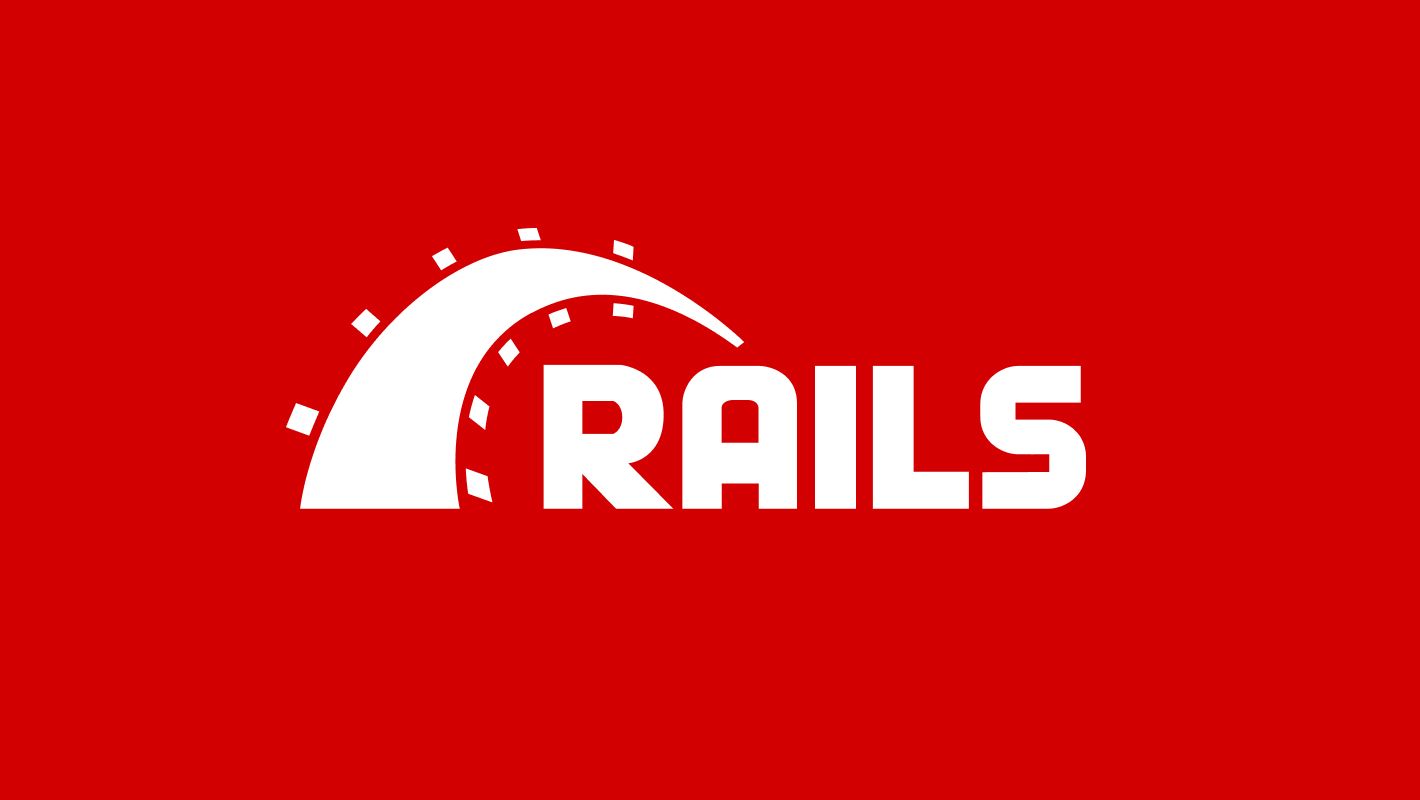 Roter Hintergrund mit einem stilisierten weißen Bogen, der an ein Eisenbahngleis erinnert, gefolgt vom Wort „RAILS“ in fetten weißen Buchstaben.