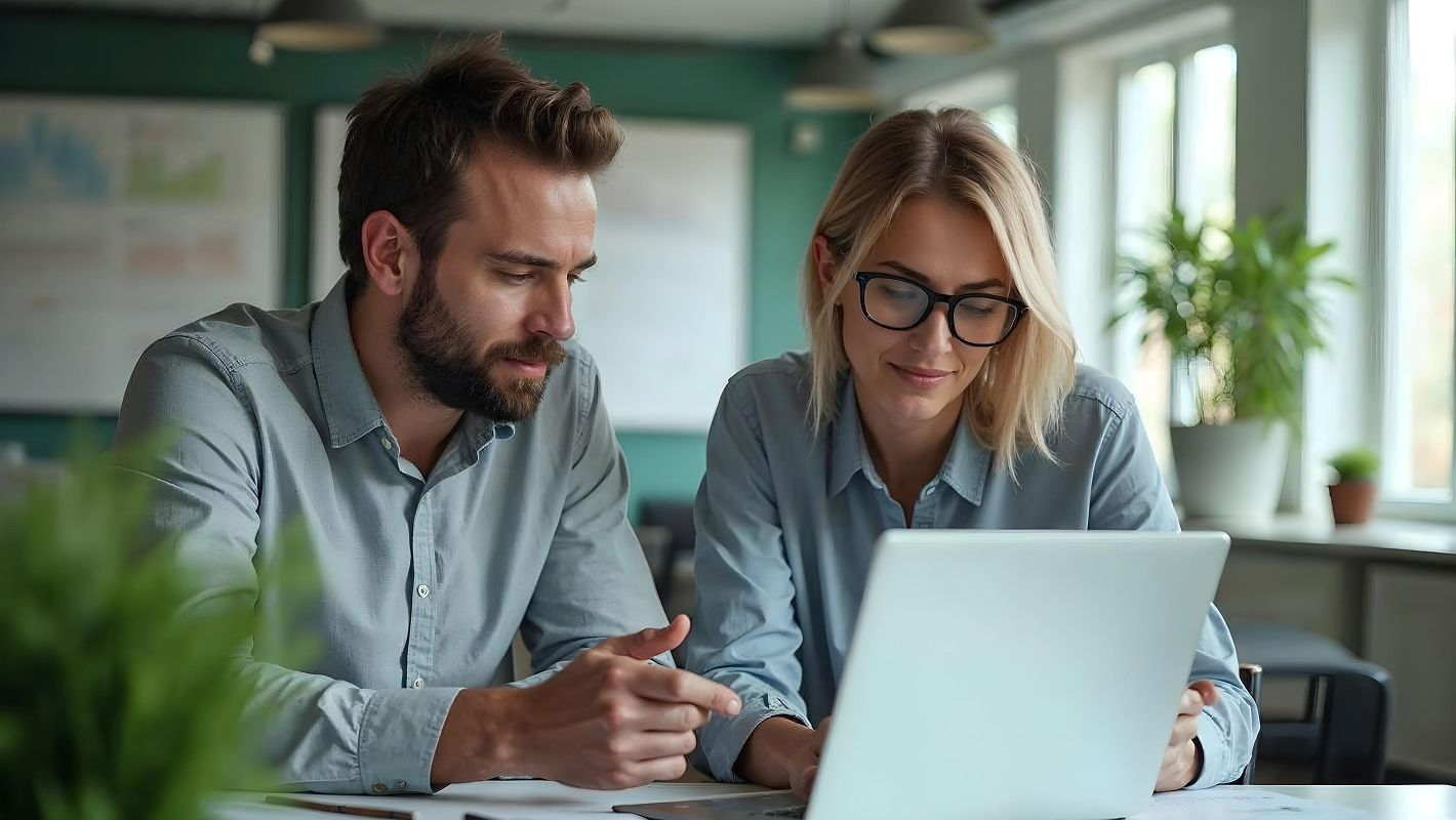Ein Mann und eine Frau arbeiten gemeinsam an einem Laptop in einem Büro, umgeben von Pflanzen und großen Fenstern.
