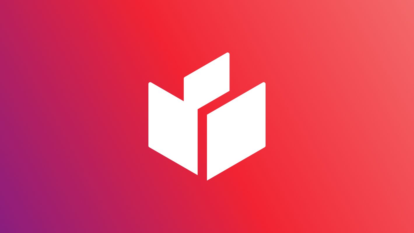 Weißes geometrisches Logo auf einem Farbverlauf-Hintergrund, der von Rot zu Lila übergeht.