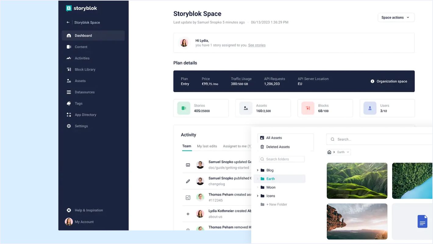 Dashboard-Oberfläche eines Content-Management-Systems mit Anzeige der Benutzeraktivität, Asset-Verwaltung und Plandetails sowie einem Seitenleistenmenü.