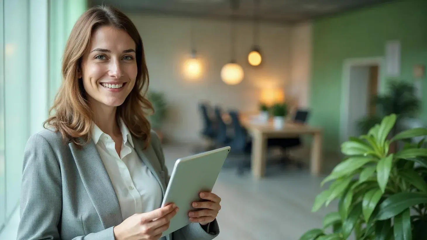 Lächelnde Frau im grauen Anzug hält ein Tablet in einem modernen Büro mit grünen Pflanzen und unscharfem Hintergrund.
