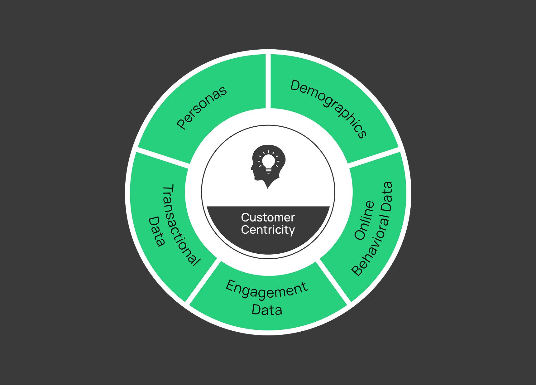 Kreisdiagramm mit dem Begriff „Customer Centricity“ im Zentrum, umgeben von sechs Bereichen: Personas, Demographics, Online Behavioral Data, Engagement Data, Transactional Data und erneut Personas, die die kundenorientierte Datengrundlage darstellen.
