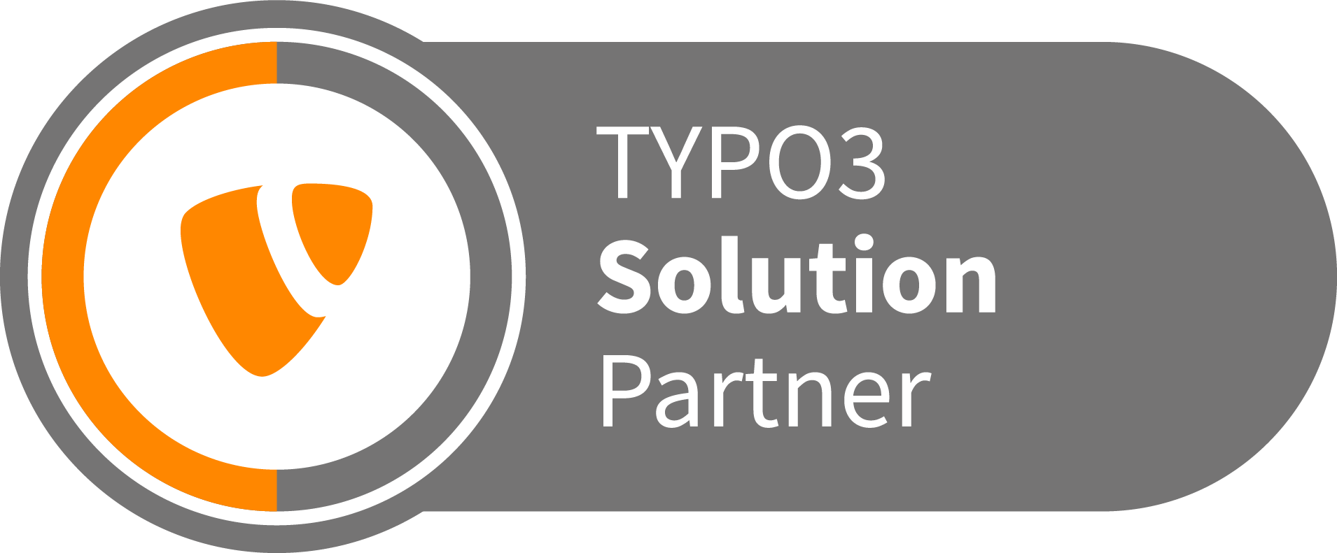 Logo mit grauem Hintergrund, dem Text „TYPO3 Solution Partner“ und einem orange-weißen Schildemblem auf der linken Seite.