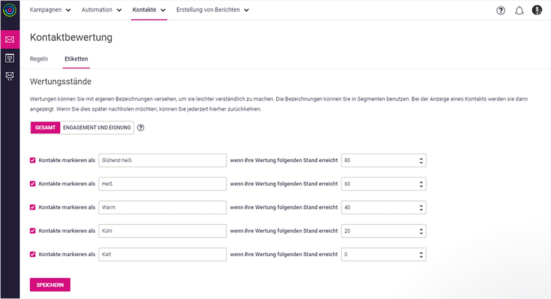 Ein Screenshot einer Einstellungsseite zur Kontaktbewertung in einer Softwareanwendung zeigt Optionen zum Markieren von Kontakten basierend auf ihrem Engagement-Level.