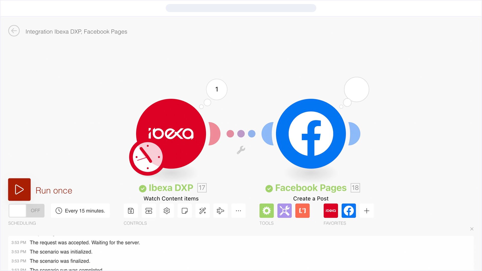 ChatGPT: Flussdiagramm, das die Integration zwischen Ibexa DXP und Facebook-Seiten zeigt, mit Symbolen und Optionen zum Planen und AusfĂĽhren von Prozessen.