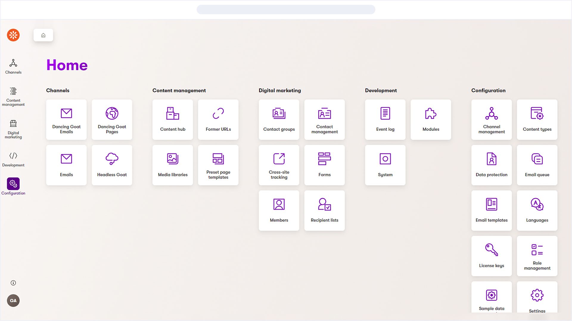 Dashboard-Oberfläche mit Bereichen für Kanäle, Content-Management, digitales Marketing, Entwicklung und Konfiguration, versehen mit verschiedenen Symbolen.