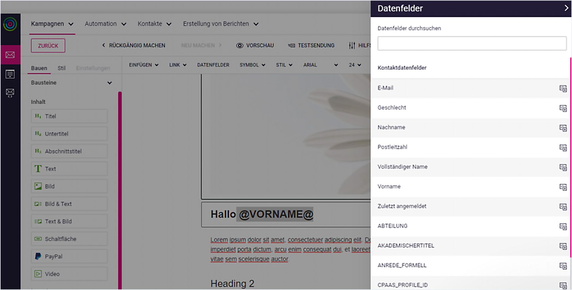 Benutzeroberfläche einer E-Mail-Marketing-Software mit einer Seitenleiste mit Auswahloptionen und einem rechten Bereich, der Datenfelder wie Name und E-Mail-Adresse anzeigt.