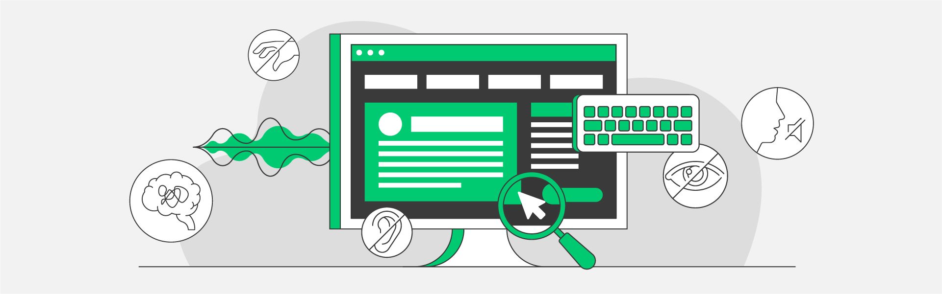 Eine moderne, stilisierte Illustration zeigt eine Webseite mit verschiedenen Symbolen für Barrierefreiheit, darunter ein Gehirn für kognitive Barrieren, ein Ohr für Hörbeeinträchtigungen, ein Auge für Sehbehinderungen und eine Hand für motorische Einschränkungen. Eine Tastatur und eine Lupe verdeutlichen die Bedeutung der digitalen Barrierefreiheit.