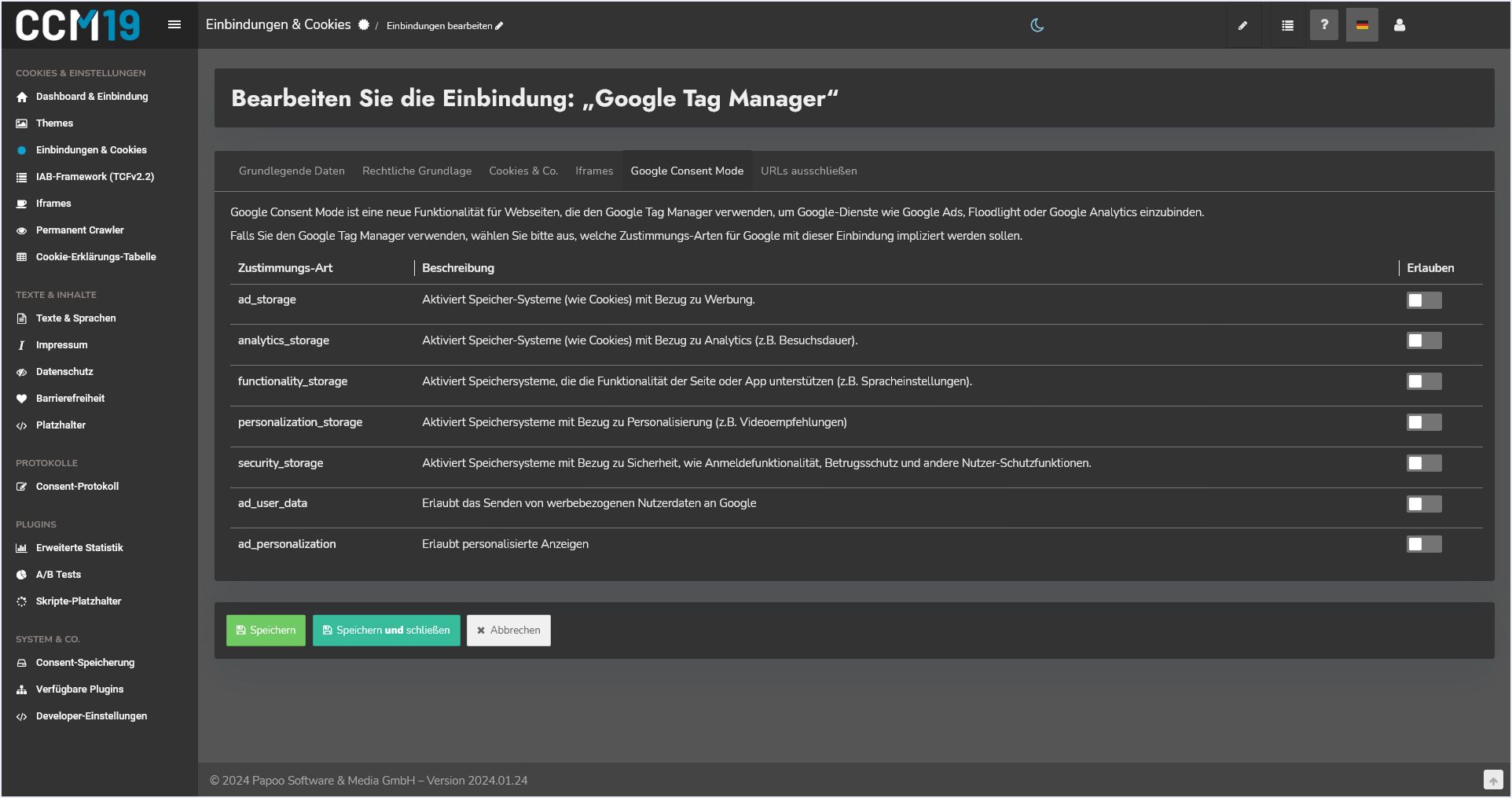 Eine dunkel gestaltete Benutzeroberfläche zeigt Einstellungen für die Integration des Google Tag Managers mit Optionen zur Aktivierung verschiedener Datenverwendungszwecke sowie einer Schaltfläche zum Speichern.