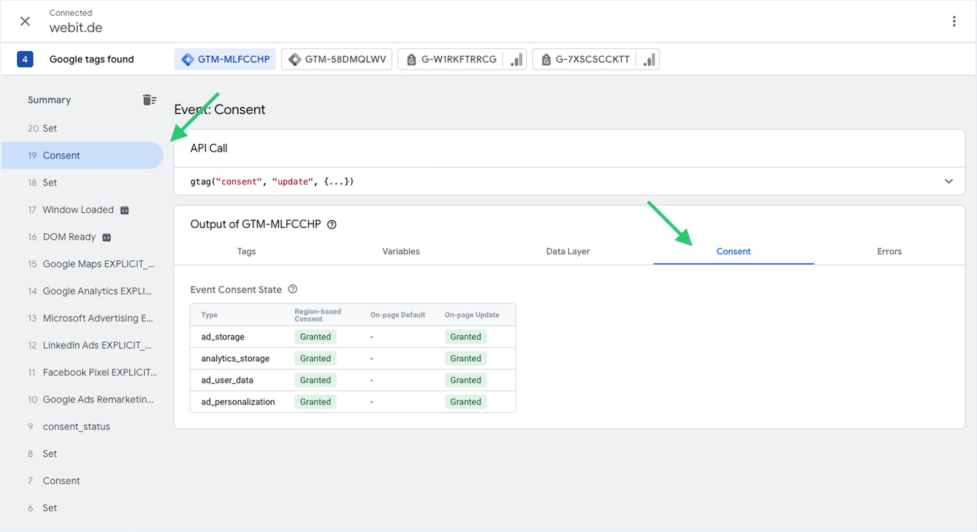 Screenshot eines Google Tag Manager Dashboards mit Einstellungen zur Ereignis-Einwilligung, bei dem die Zustimmungsstatus für Analyse, Werbung und Personalisierung als „gewährt“ angezeigt werden.