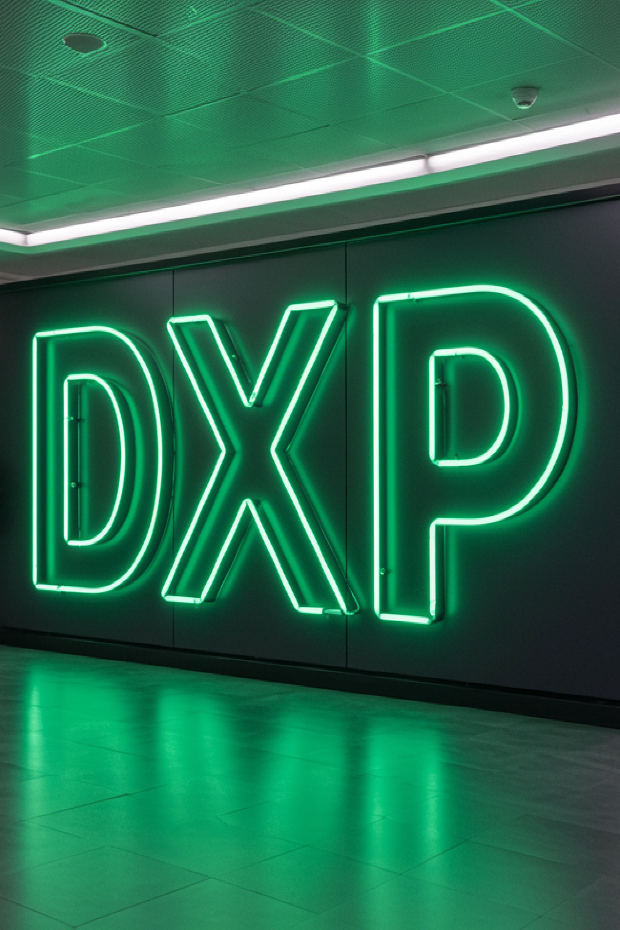 Große grüne Neonbuchstaben mit der Aufschrift „DXP“ an einer dunklen Wand, spiegeln sich auf einem glänzenden Boden.