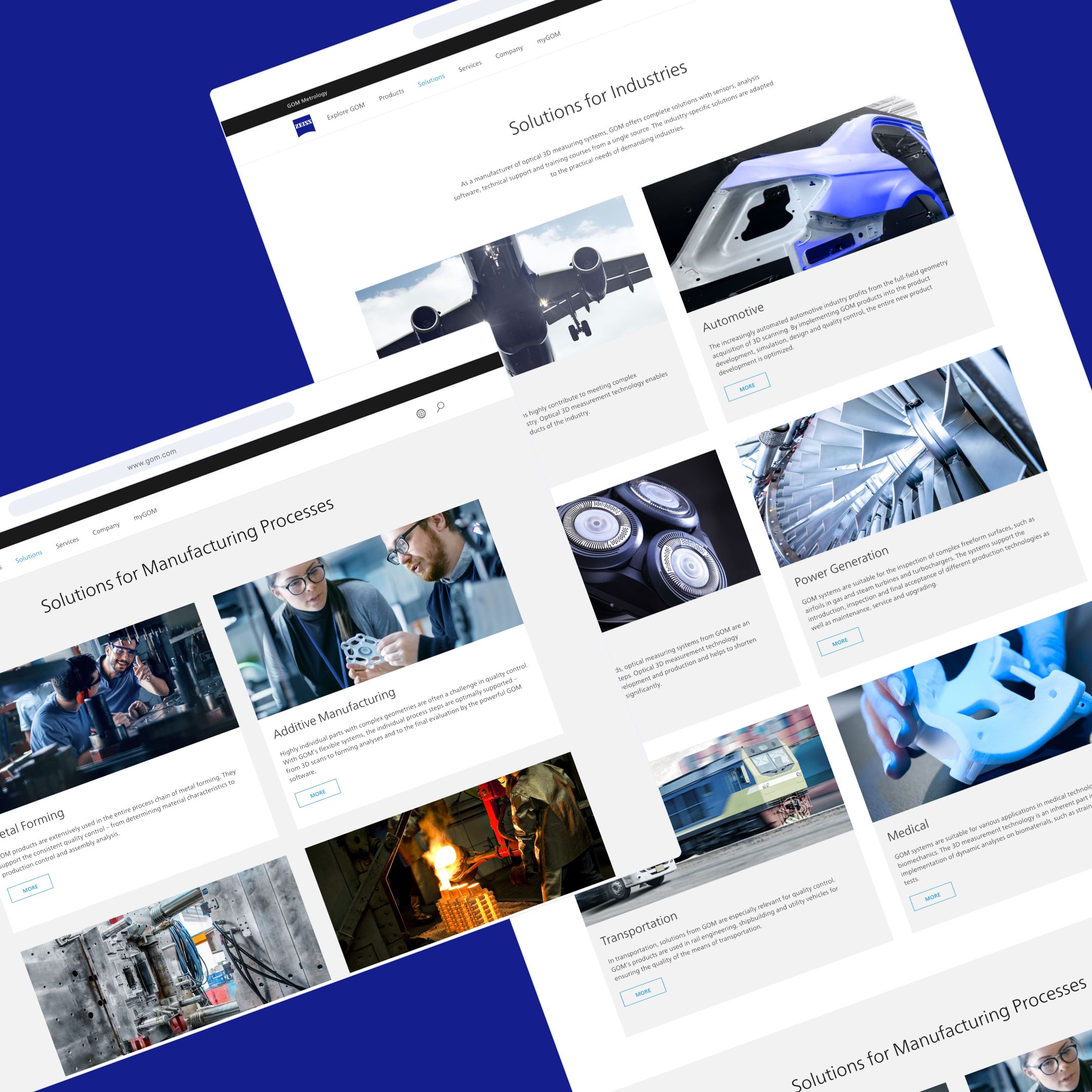 Webseitenlayout mit Lösungen für verschiedene Branchen, dargestellt durch Bilder und Texte zu den Bereichen Automobilindustrie, Energieerzeugung und Fertigungsprozesse.