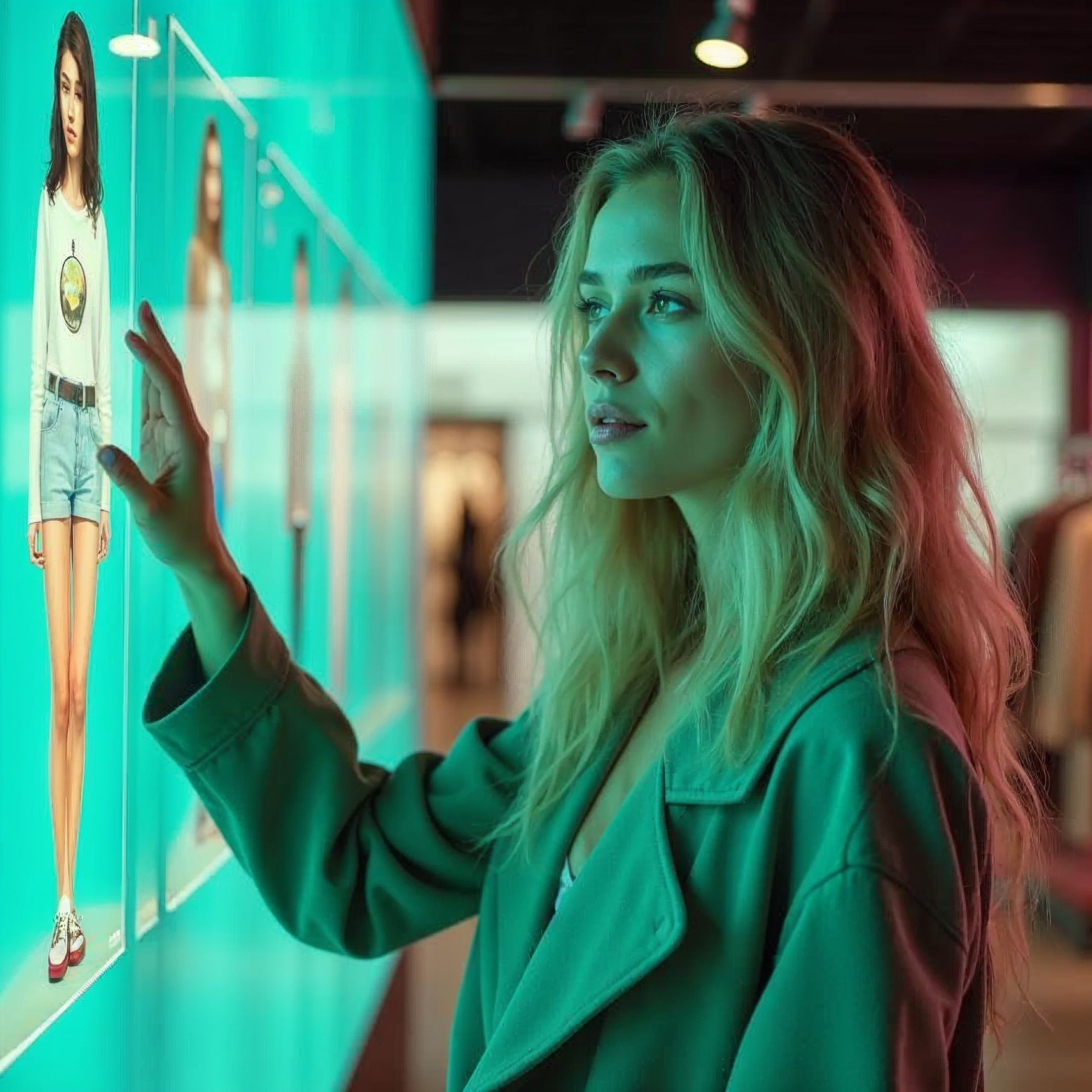 Junge Frau mit langem blondem Haar interagiert mit einem digitalen Touchscreen in einem modernen Geschäft, während virtuelle Kleidung auf dem Bildschirm angezeigt wird.