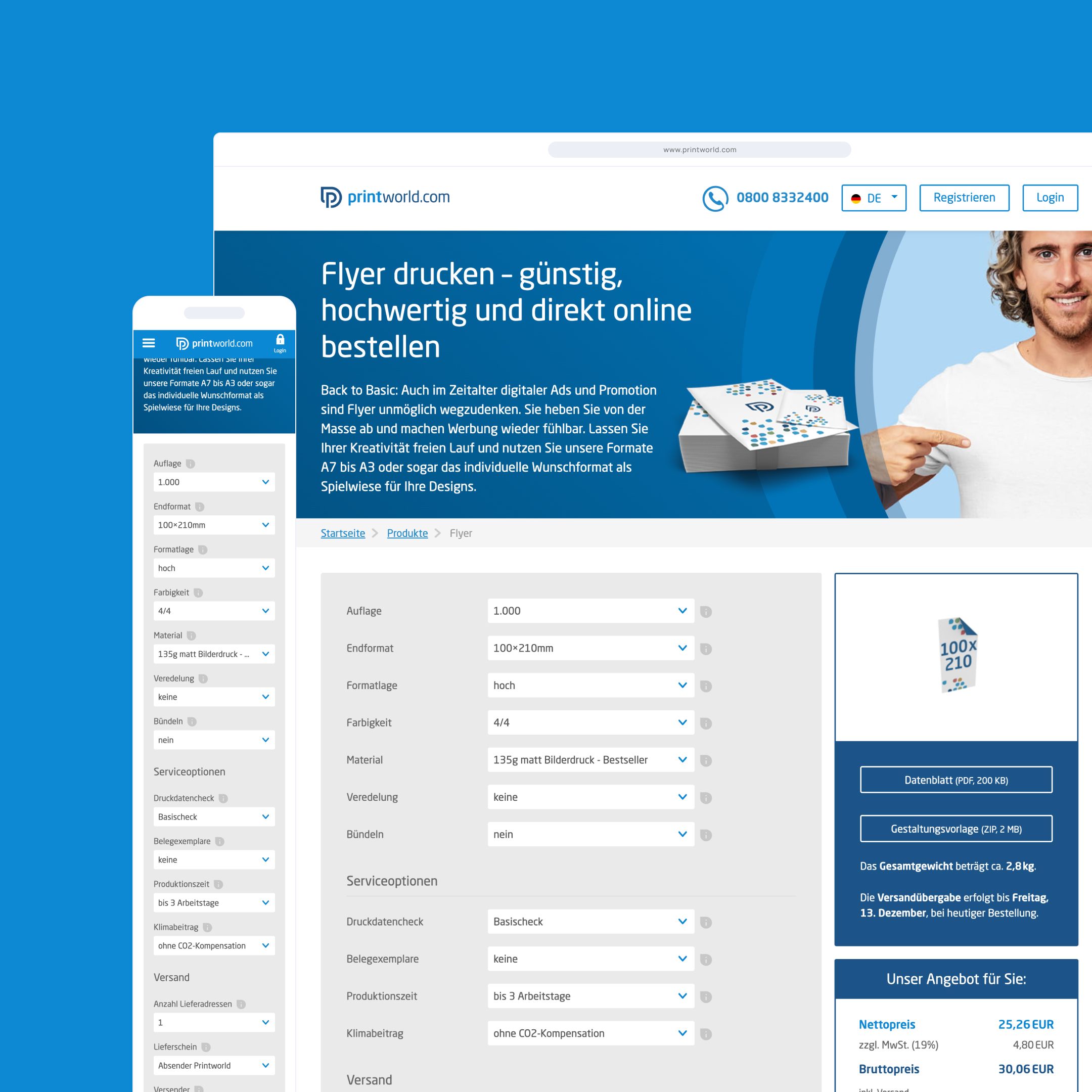 Eine Website-Oberfläche zum Online-Bestellen von gedruckten Flyern mit Optionen zur Anpassung und einer Kontakttelefonnummer, daneben eine lächelnde Person.