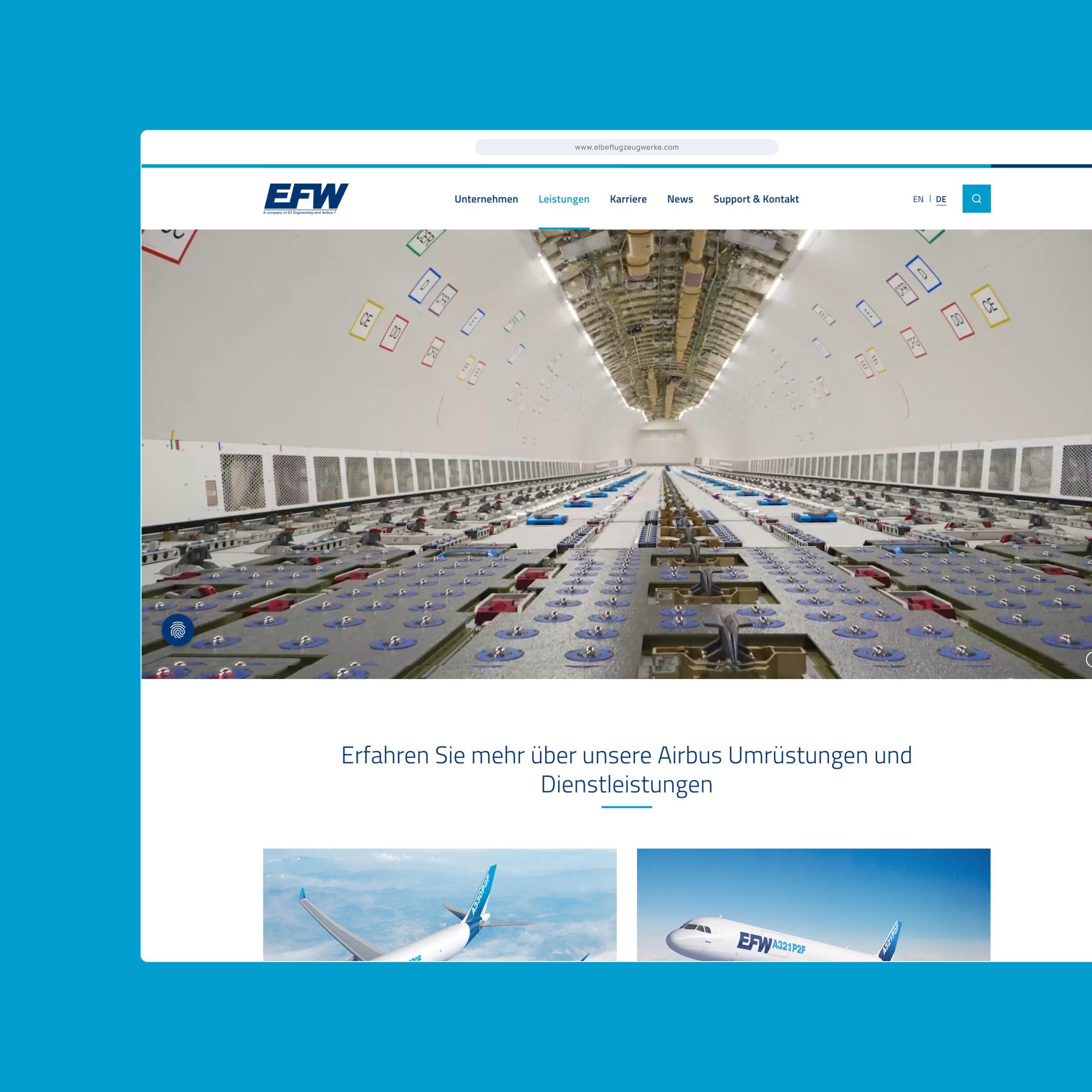 Screenshot einer Website mit EFW, auf der ein Flugzeuginnenraum, das Firmenlogo und Bilder von Flugzeugen zu sehen sind, mit Navigationslinks im oberen Bereich.