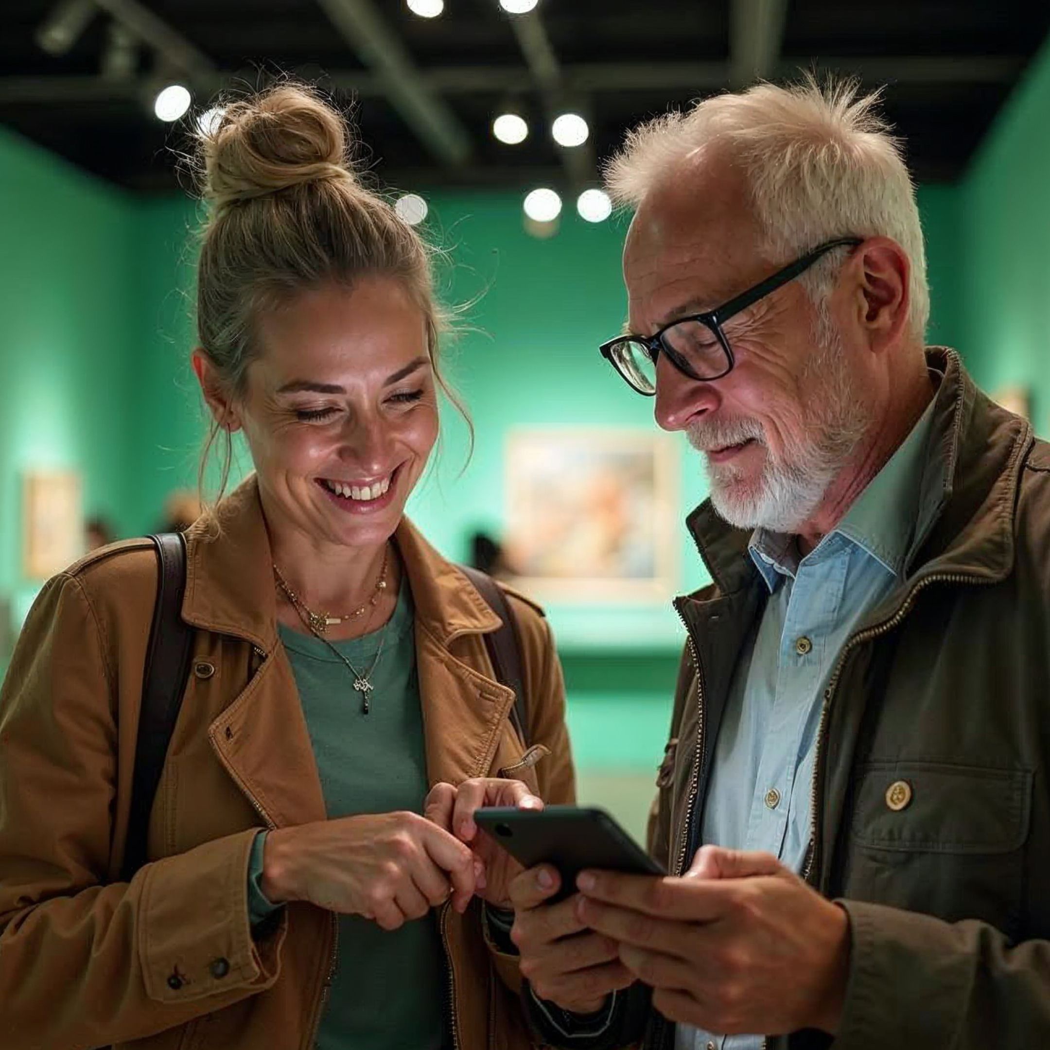 Älterer Mann mit Brille und eine junge Frau schauen gemeinsam auf ein Smartphone und lächeln, während sie in einem Gemäldemuseum mit grünen Wänden stehen.