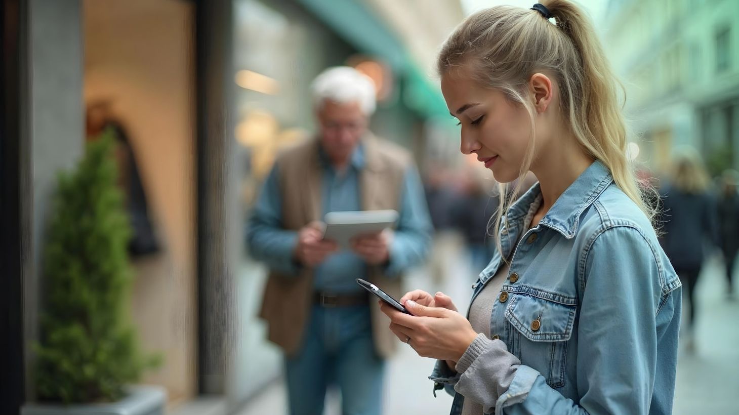 Junge Frau in Jeansjacke nutzt ihr Smartphone in einer belebten Einkaufsstraße, während ein älterer Mann im Hintergrund ein Tablet betrachtet.