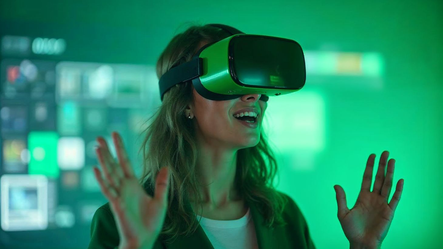 Eine Frau mit einem VR-Headset gestikuliert mit den Händen in einem grün beleuchteten Raum und wirkt fasziniert und begeistert von der virtuellen Erfahrung.