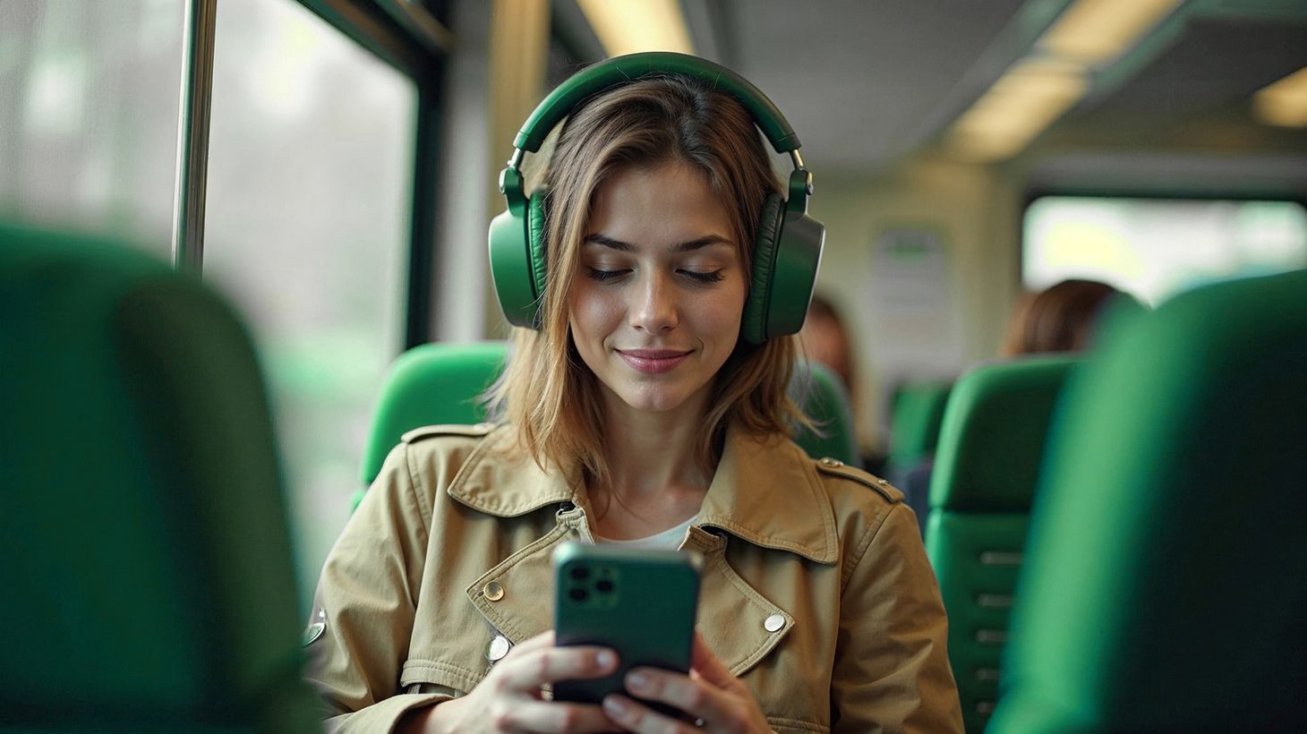 Eine Frau mit Kopfhörern lächelt auf ihr Smartphone in einem Zug mit grünen Sitzen, was eine entspannte und konzentrierte Atmosphäre schafft.