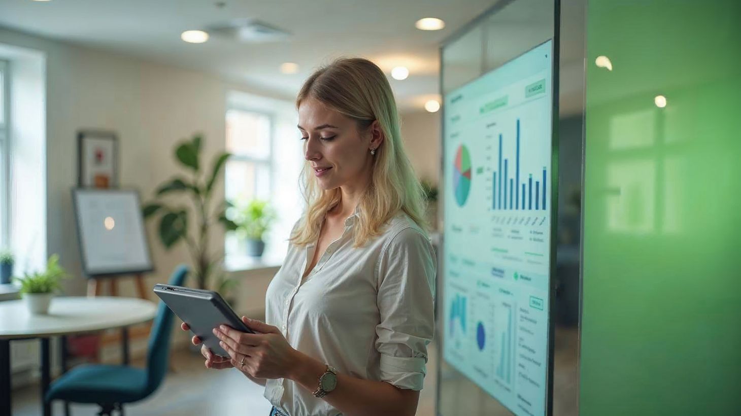 Junge Frau mit blondem Haar und Tablet steht in einem modernen Büro vor einem Bildschirm mit Datenanalysen und Diagrammen.