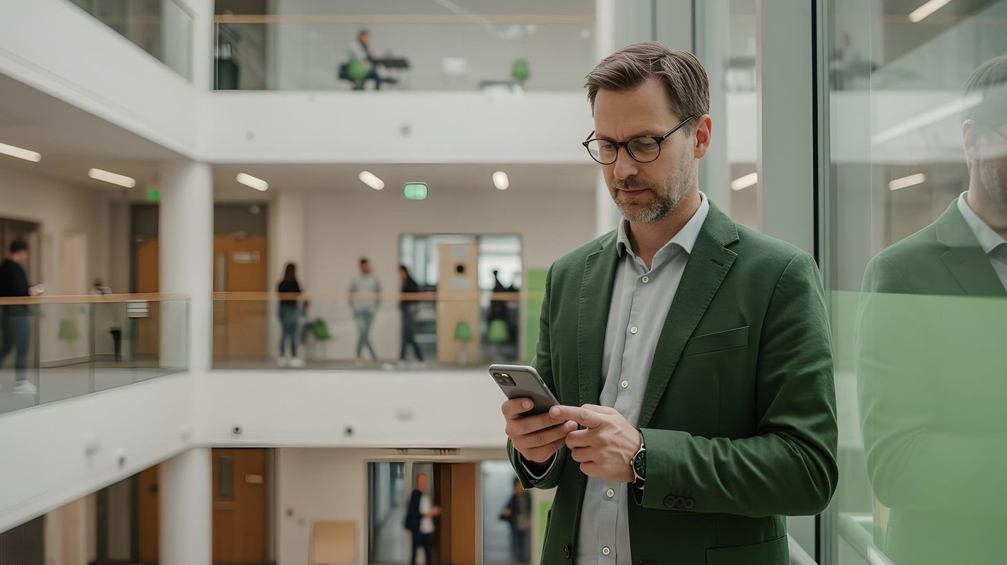 Ein Mann im grünen Blazer benutzt ein Smartphone in einem modernen Büro-Atrium mit Glaswänden und Personen im Hintergrund.